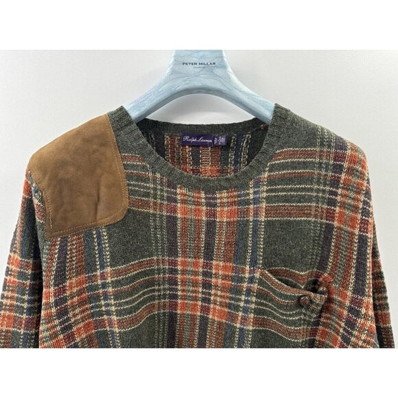 Ralph Lauren Purple Label Wool Tartan Leather Patch Hunting Field Sweater L (F4) - Picture 2 of 13